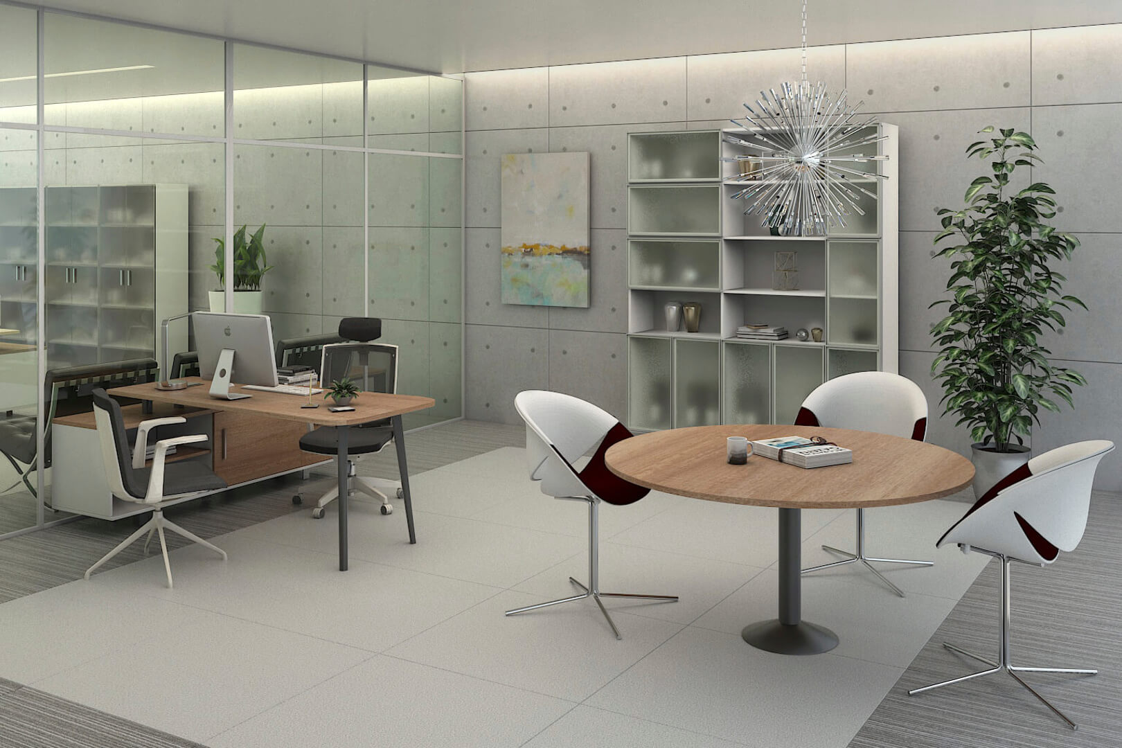 Un espacio con escritorios y mesas modernas de oficina en chile.